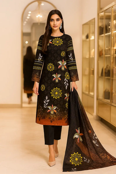Black Floral Lawn 3 Piece Unstitched Suit for Women – Premium Quality Fabric