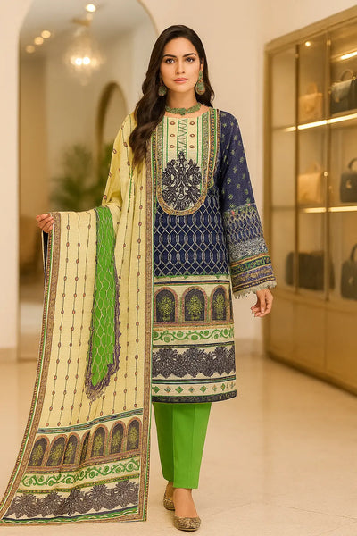 Unstitched Lawn 3 Piece Suit for Women – Blue & Green Traditional Design with Dupatta