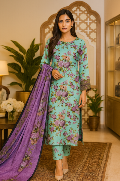 Turquoise Floral Unstitched Lawn 3 Piece Suit for Women – Premium Summer Fabric