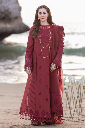 Qalamkar Maroon Chikankari Unstitched Lawn Suit with Embroidered Organza Dupatta