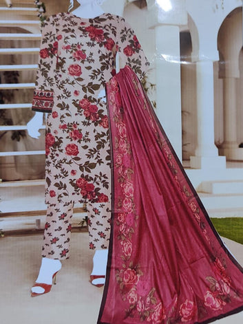 Beige Rose Print Unstitched Lawn 3 Piece Suit for Women – Soft Summer Fabric