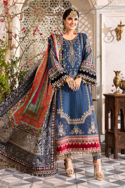 Midnight Blue Embroidered Katan Silk Suit - Unstitched Festive Collection BD-2407