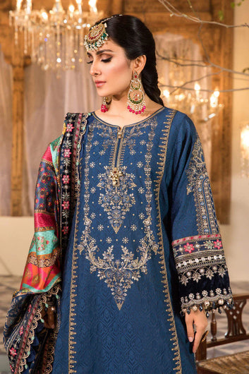 Midnight Blue Embroidered Katan Silk Suit - Unstitched Festive Collection BD-2407