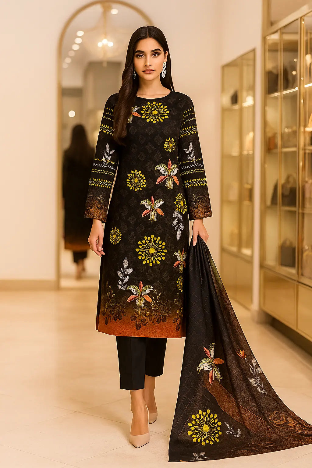 Black Floral Lawn 3 Piece Unstitched Suit for Women – Premium Quality Fabric