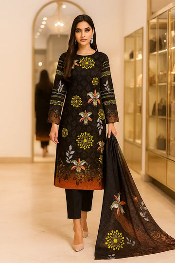 Black Floral Lawn 3 Piece Unstitched Suit for Women – Premium Quality Fabric
