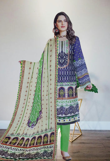Unstitched Lawn 3 Piece Suit for Women – Blue & Green Traditional Design with Dupatta