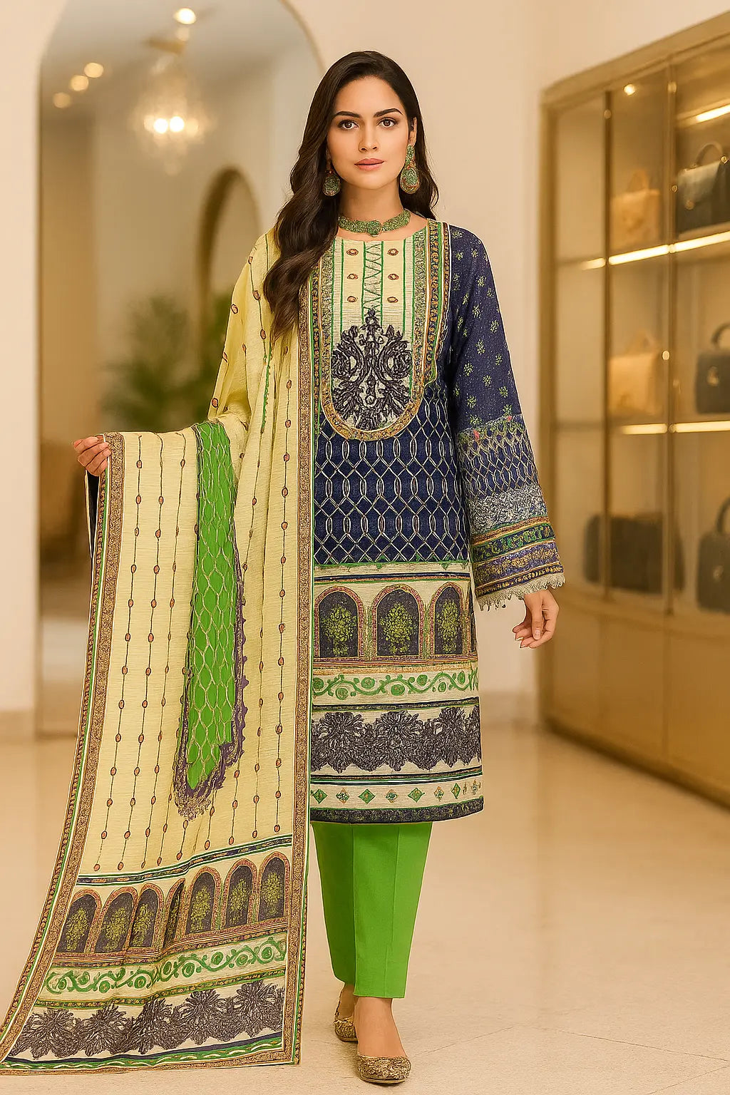 Unstitched Lawn 3 Piece Suit for Women – Blue & Green Traditional Design with Dupatta