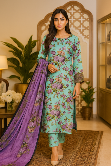 Turquoise Floral Unstitched Lawn 3 Piece Suit for Women – Premium Summer Fabric