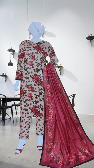 Beige Rose Print Unstitched Lawn 3 Piece Suit for Women – Soft Summer Fabric
