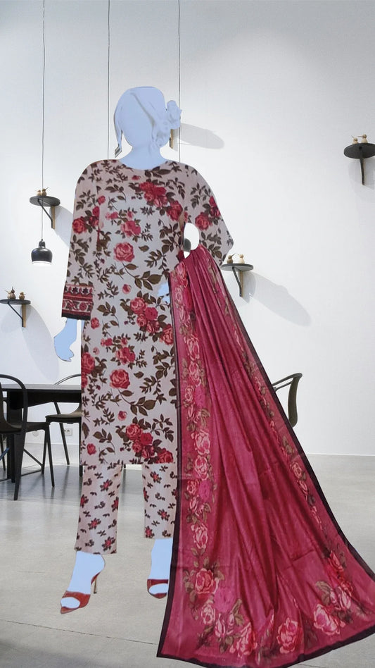 Beige Rose Print Unstitched Lawn 3 Piece Suit for Women – Soft Summer Fabric