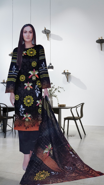 Black Floral Lawn 3 Piece Unstitched Suit for Women – Premium Quality Fabric