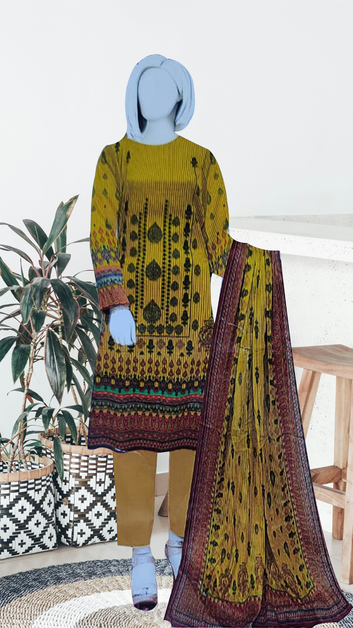 Mustard Lawn 3 Piece Unstitched Suit – Ethnic Printed Summer Dress for Women | 2025 Lawn Collection