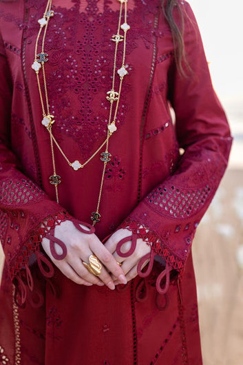 Qalamkar Maroon Chikankari Unstitched Lawn Suit with Embroidered Organza Dupatta