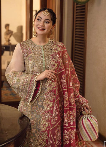 Crimson Organza Replica Suit – Unstitched 3-Piece with Sequence Work